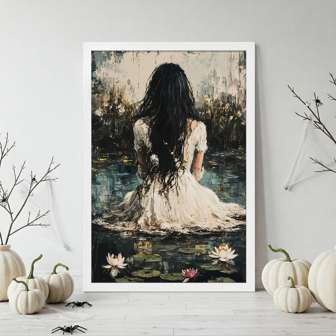 Framed Poster: Woman in water art print. Moody, impressionistic style with dark teal, cream, and black color palette. Perfect Halloween decor.