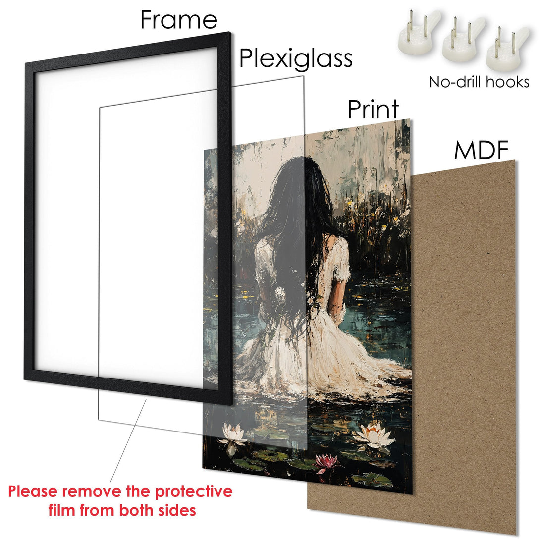 Framed Poster: Woman in white dress by the water. Artistic style with a dark, moody color palette. Perfect wall art!
