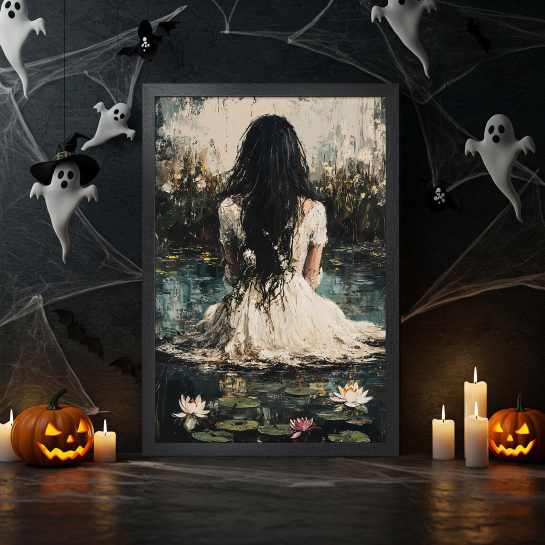 Framed Poster of woman in water, impressionist style, with dark, moody color palette. Perfect Halloween decor!