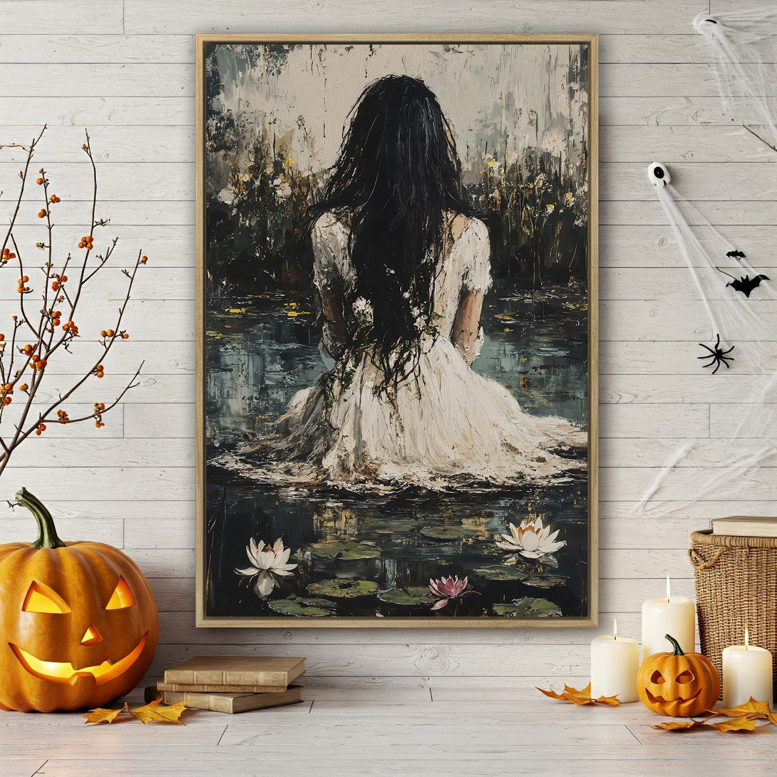 Framed Wall Art: Moody painting of a woman in a lake, dark palette. Perfect for Halloween decor or adding an artistic touch to your home.