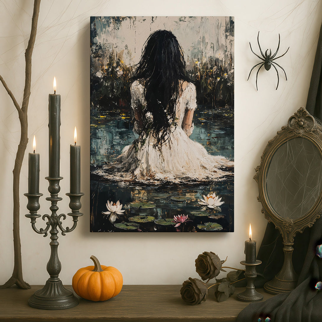 Framed Wall Art: Woman in water, impressionist style painting with neutral & gold tones. Perfect for adding elegance to any room.
