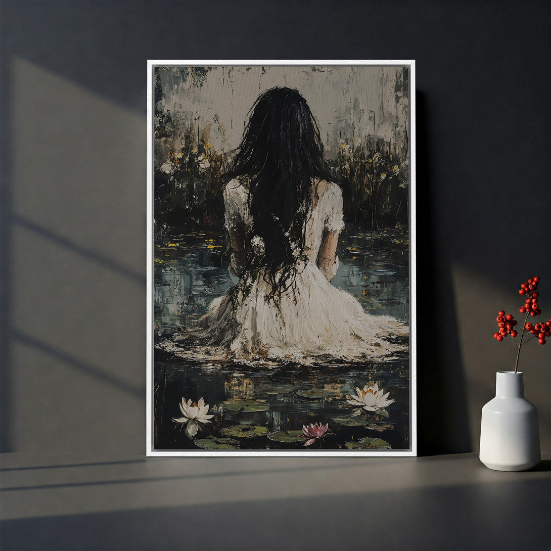 Framed Wall Art: Impressionist painting of a woman in a lake, serene and moody. Features a neutral palette with pops of color, perfect for home decor.