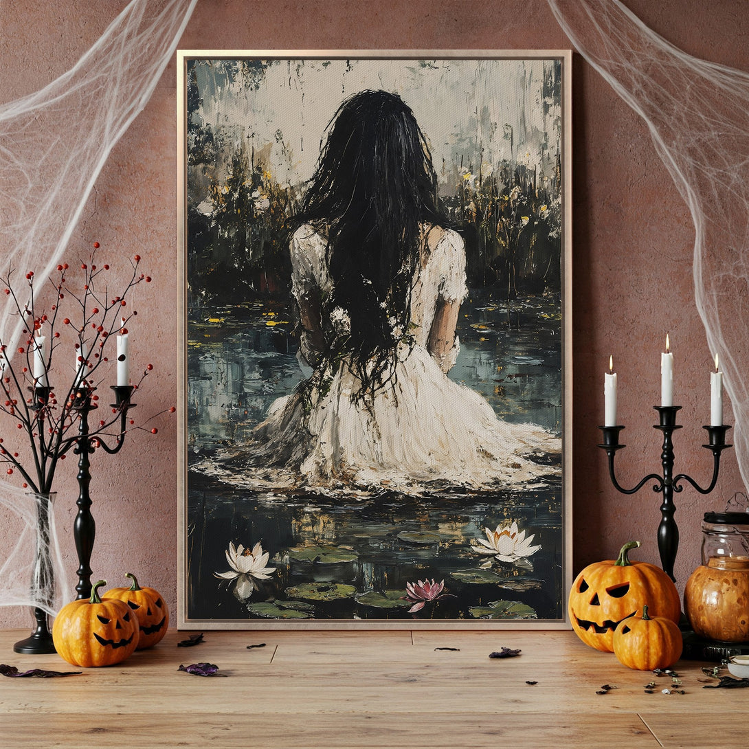 Framed Wall Art: Eerie painting of a woman in a lake, moody impressionist style. Dark, muted color palette. Perfect for Halloween decor.