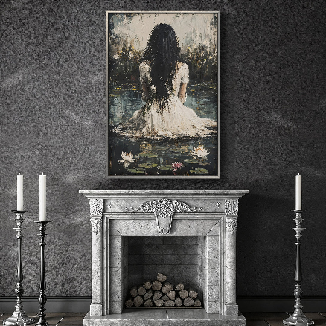 Framed Wall Art: Abstract painting of woman in water, serene style, neutral & dark color palette. Perfect for adding a touch of elegance to your home.