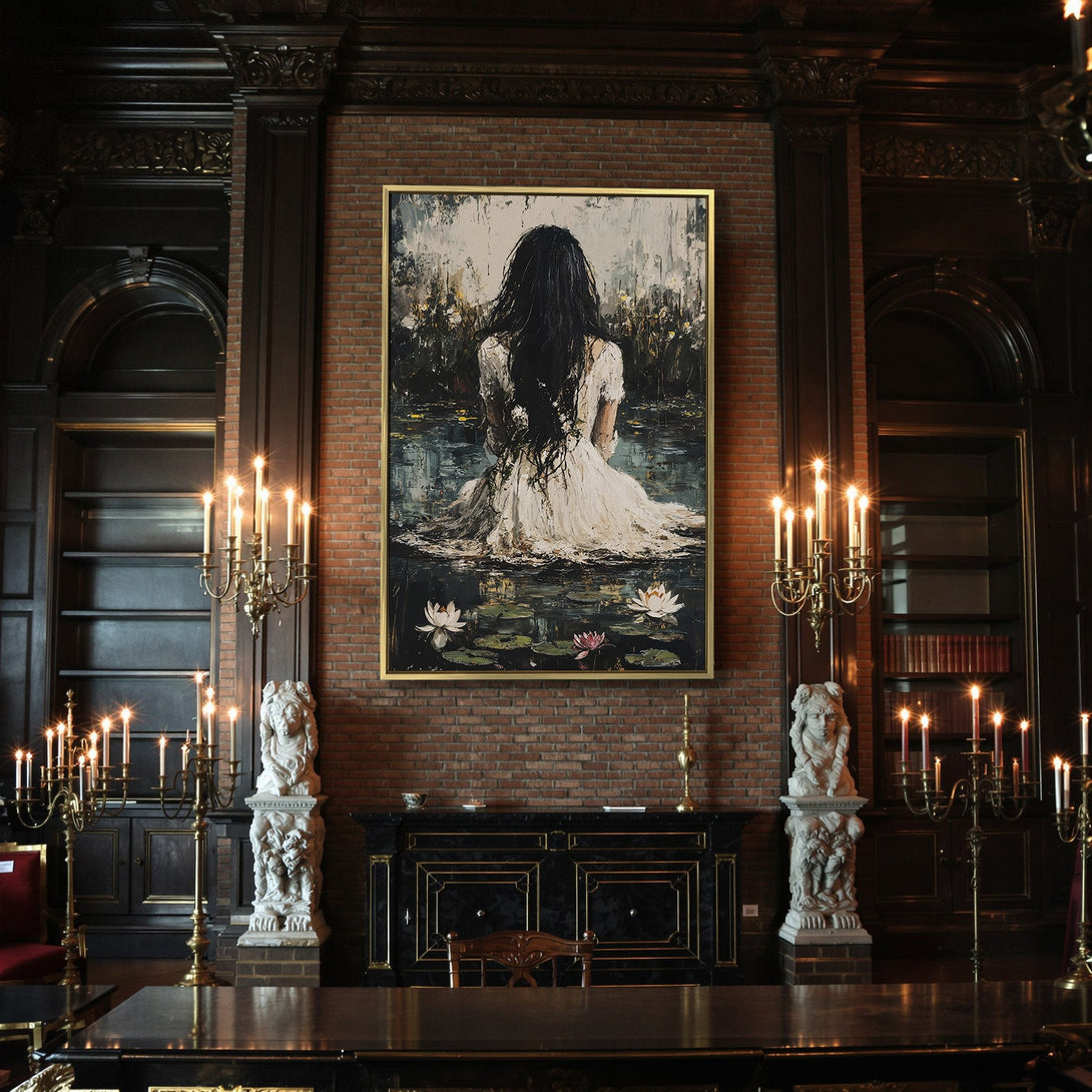 Canvas Print: Ethereal woman in lake art. Moody, dark color palette with black, white, and teal. Perfect for gothic decor.