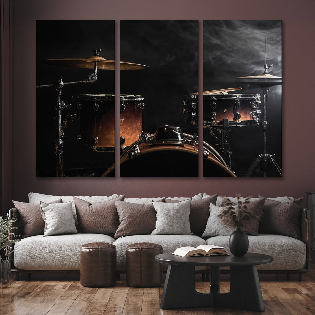 Canvas Print of a dynamic drum set in a moody, dark style with warm brown and black tones. Perfect for music lovers!