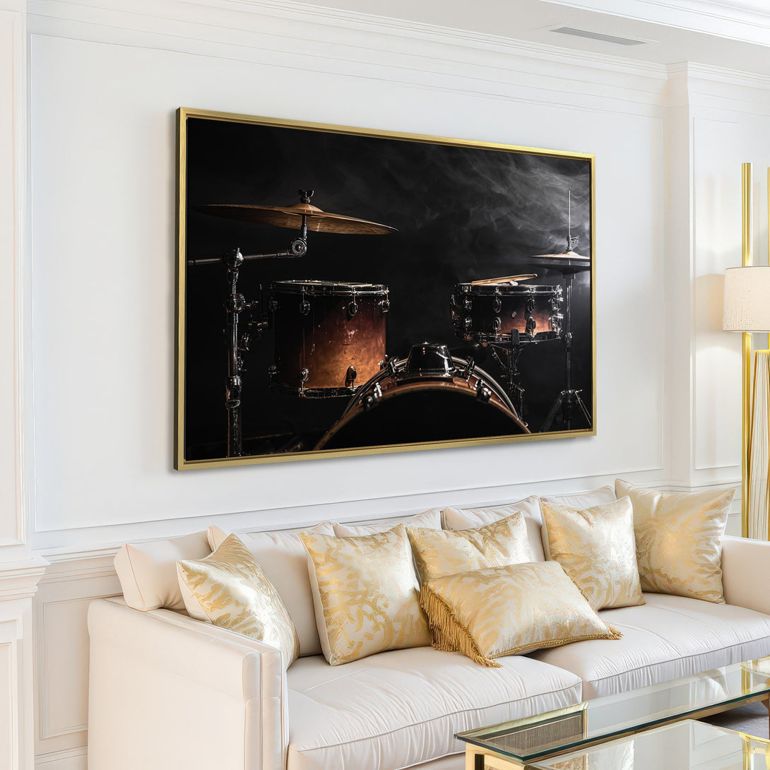 Canvas Print of a drum kit in a dark, moody style. Warm brown and black color palette, perfect for music lovers. Modern wall art.