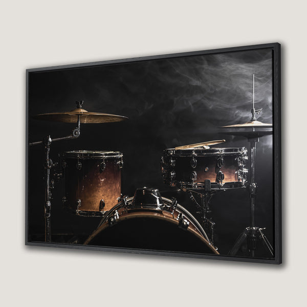 Framed Wall Art: Dramatic drum kit canvas print. Dark, moody aesthetic with warm brown and black tones. Perfect for music lovers!