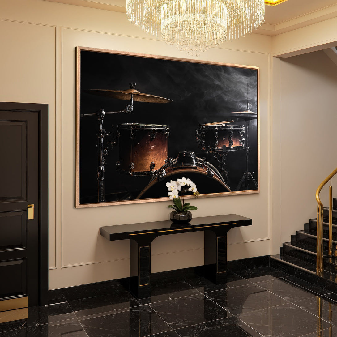 Framed Wall Art: Dramatic drum kit art in a luxury interior. Black, gold, and brown color palette. Add musical flair to your home!