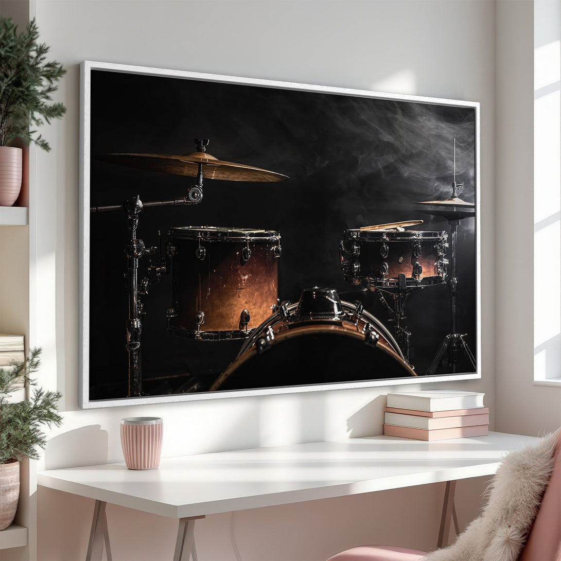 Framed Wall Art: Dramatic drum kit art print. Dark, moody style with warm brown and gold tones. Perfect for music lovers!