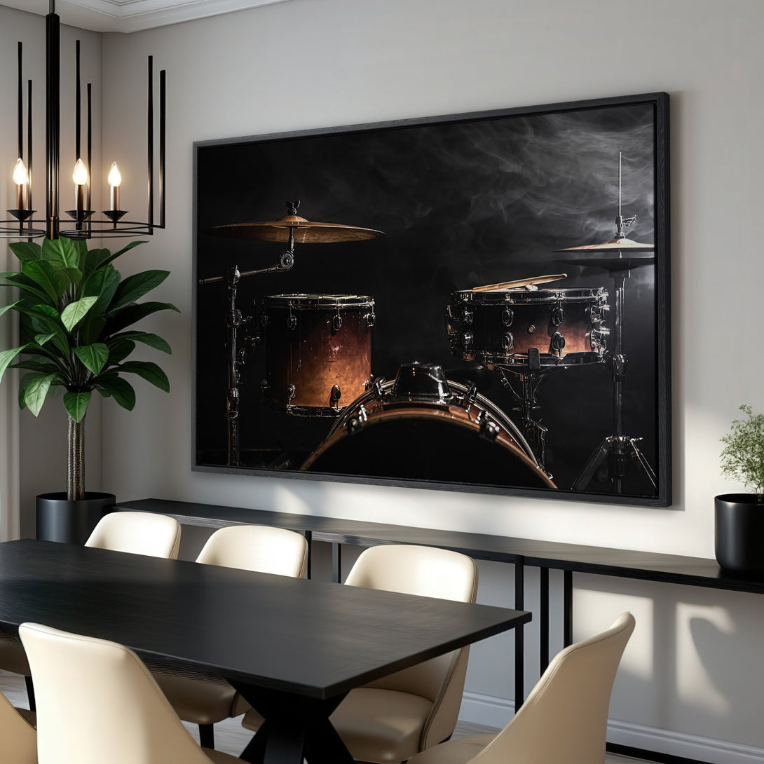 Framed Wall Art featuring a dramatic drum set. Dark, moody aesthetic with warm brown and gold tones. Perfect music room decor.