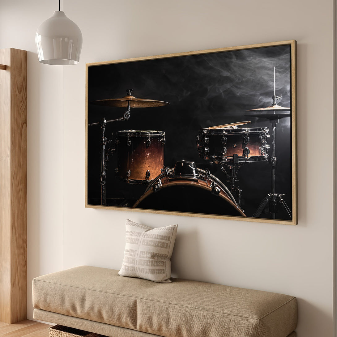 Framed Wall Art of a drum set with a dark, moody aesthetic. Warm brown and black tones create a dramatic, musical focal point for any room.