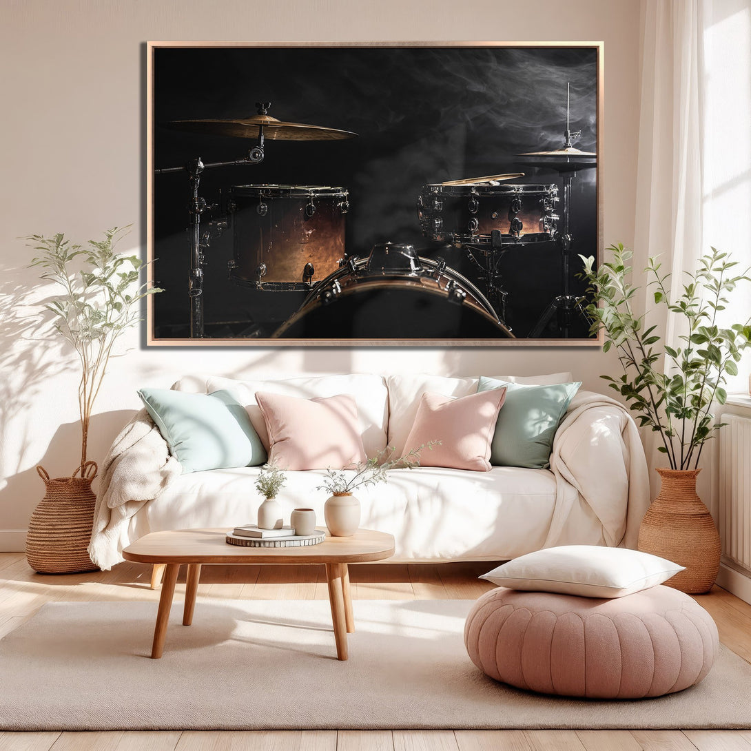 Framed Wall Art: Dramatic drum kit art print in a modern living room. Warm, moody tones with black, brown, and gold. Perfect for music lovers!