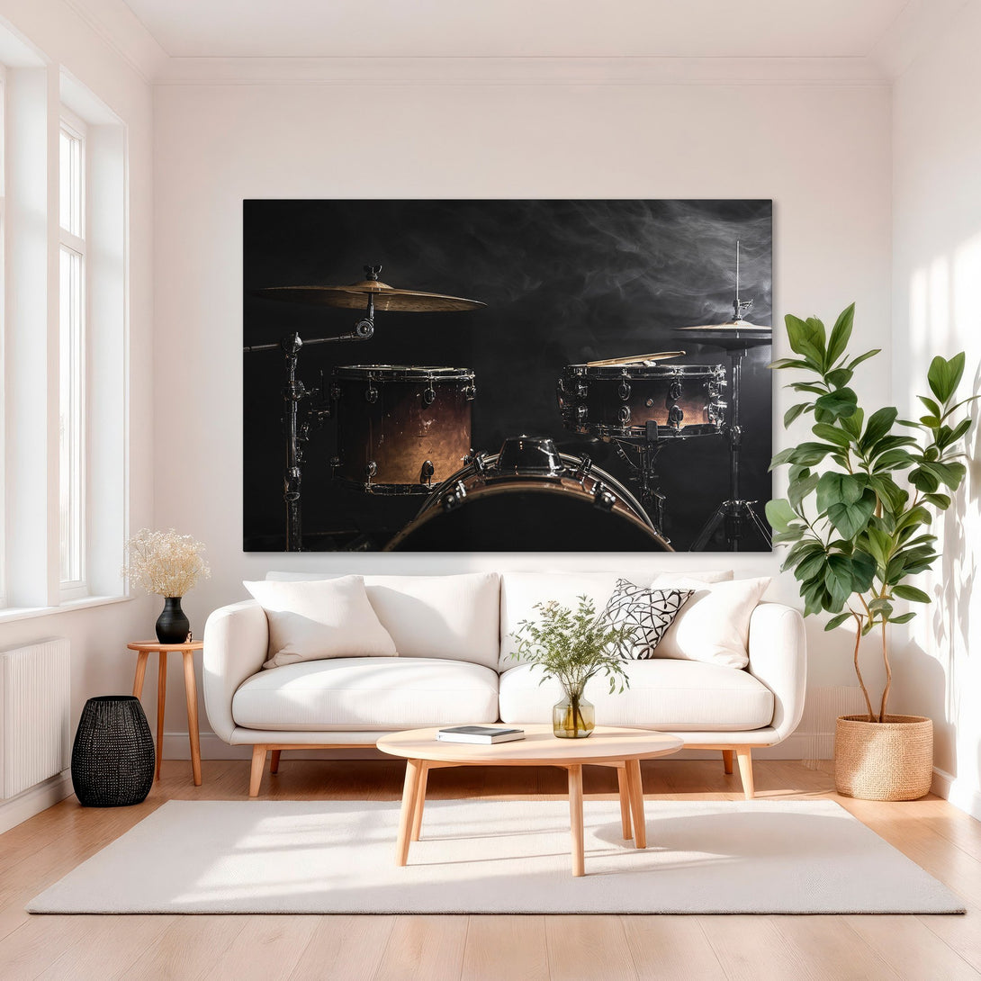 Framed Wall Art: Dramatic drum set canvas print in a luxurious interior. Black and gold tones create a sophisticated, musical vibe. Perfect wall decor!