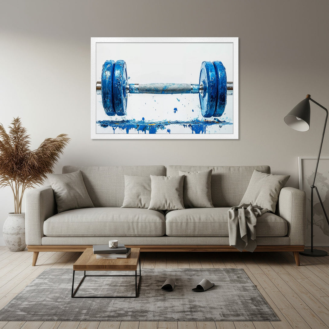 Framed Poster featuring a vibrant blue dumbbell artwork, modern style, set against a neutral color palette. Elevate your space with this unique Poster!