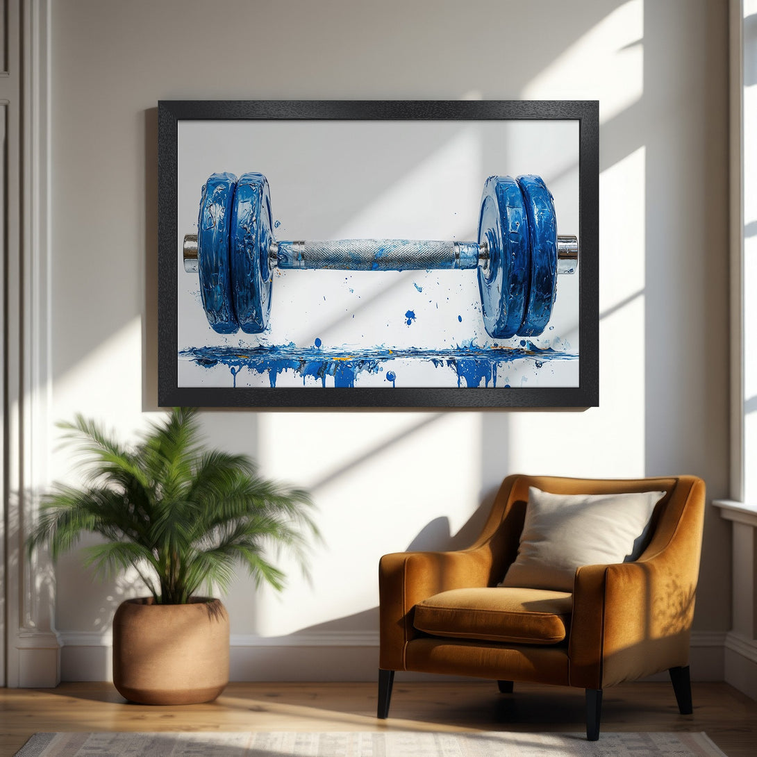 Framed Poster of blue paint dumbbell, abstract style, vibrant color palette for home gym decor.