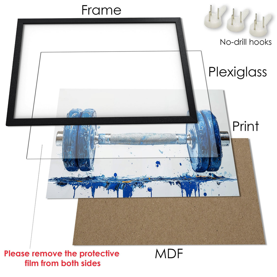 Framed Poster of abstract blue dumbbell art. Modern style, bold blue & white color palette. Perfect gym decor!