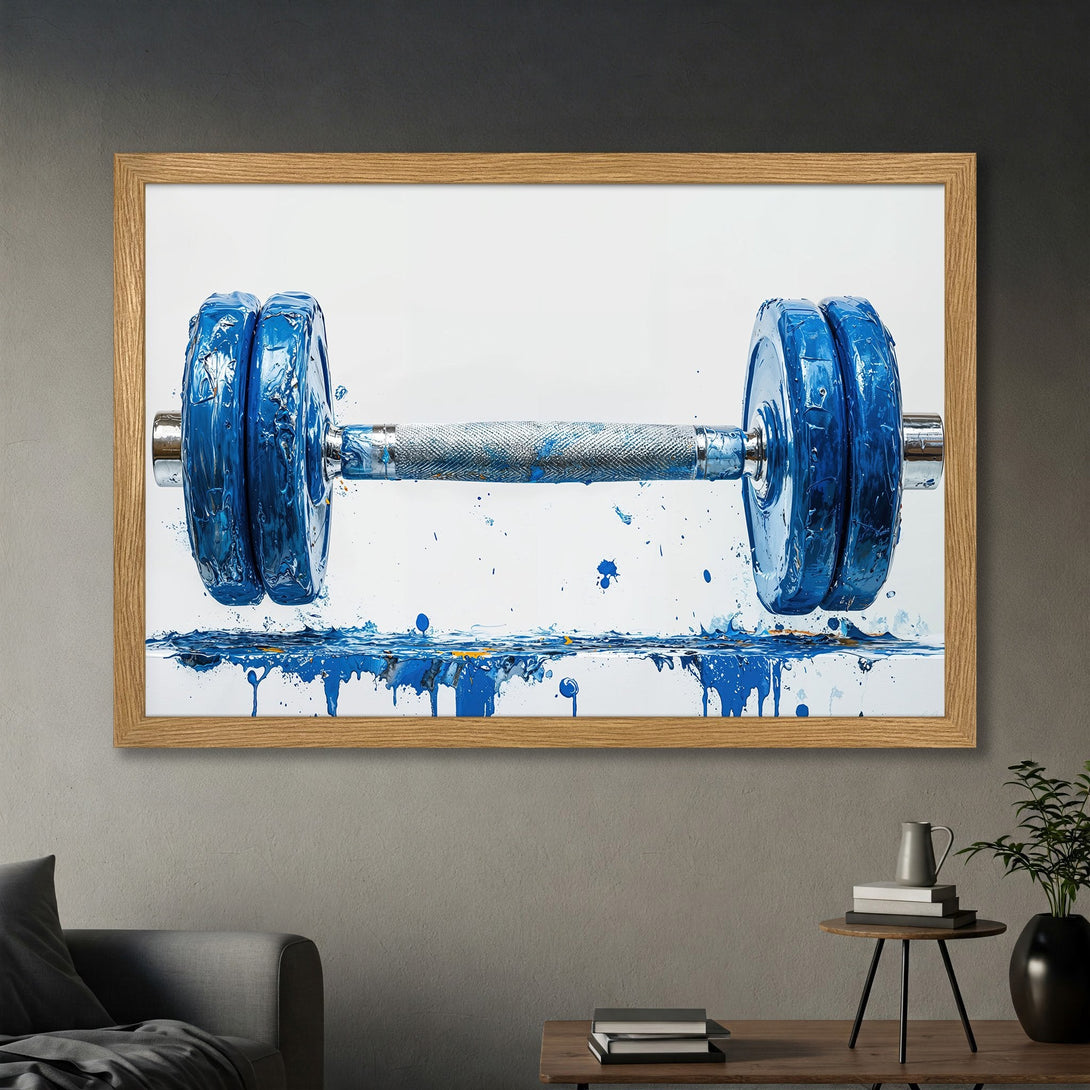 Framed Poster featuring a vibrant blue dumbbell art piece. Modern style with a striking blue and white color palette, perfect for home decor.