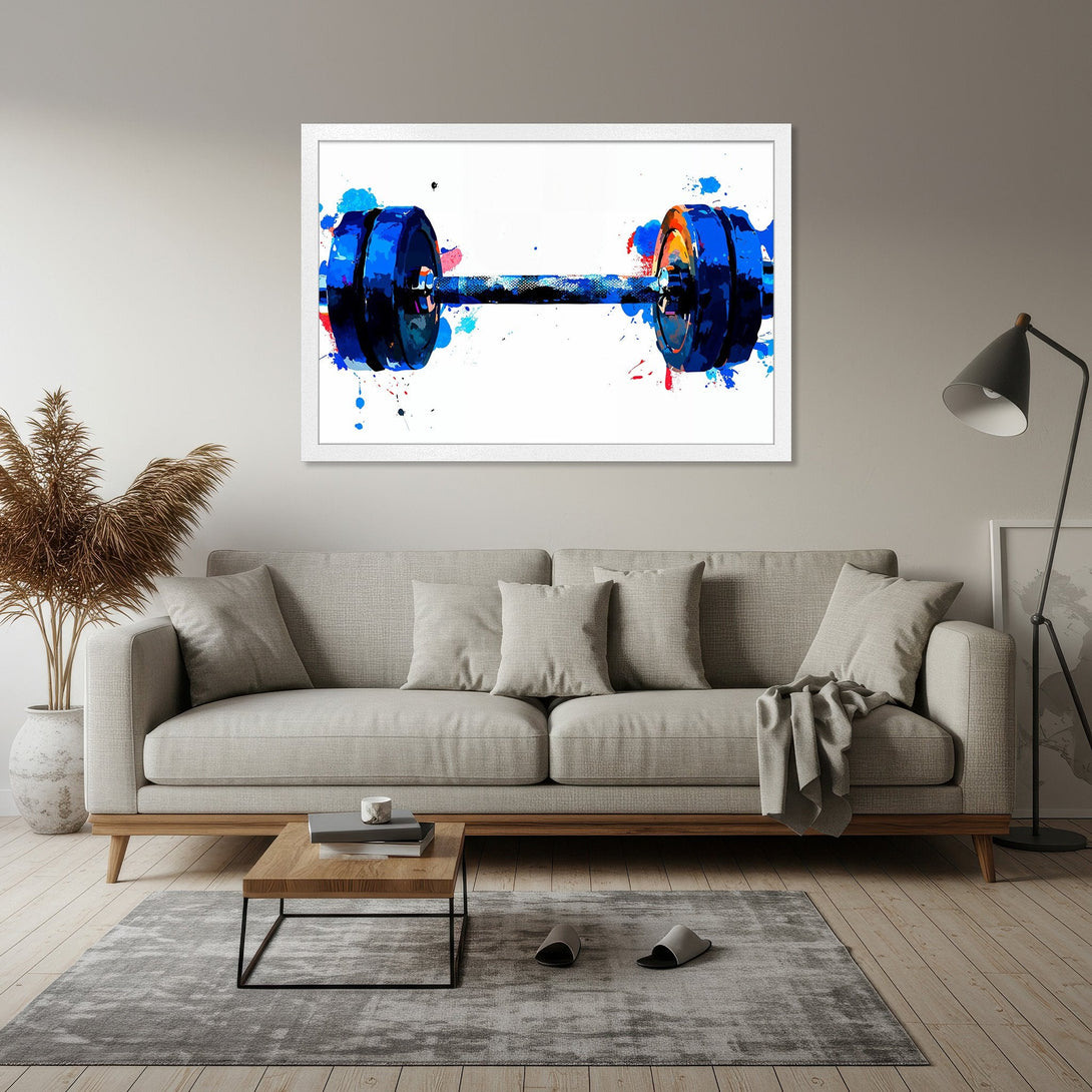 Framed Poster featuring a watercolor barbell in blue and orange hues. Perfect gym decor to inspire your fitness journey!
