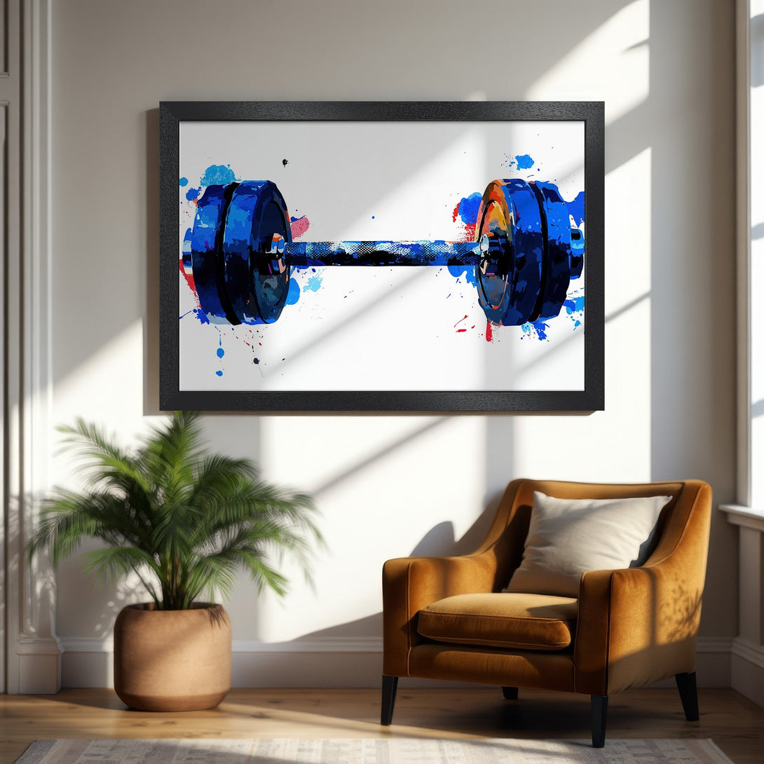 Framed Poster featuring a watercolor dumbbell. Blue and orange paint splash art style. Perfect gym decor!