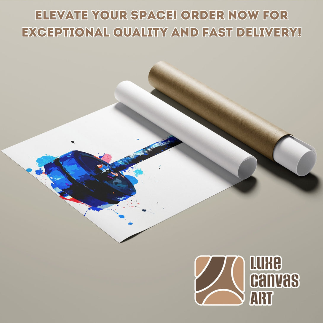 Poster Roll of a blue and red watercolor barbell, perfect for your home gym!