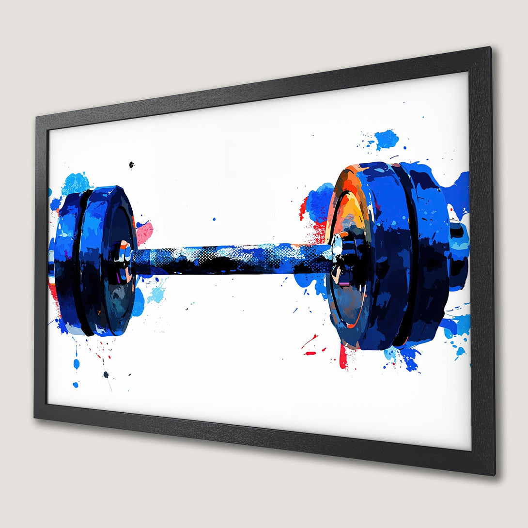 Framed Poster of a watercolor-style barbell in blue, red, and orange. Perfect gym decor!