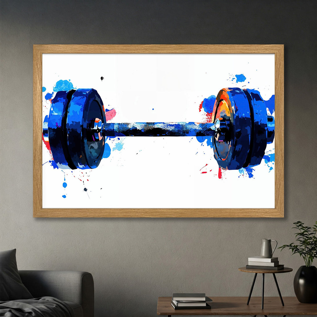Framed Poster featuring a watercolor dumbbell in blue, orange, and red. Perfect gym decor for a stylish workout space.