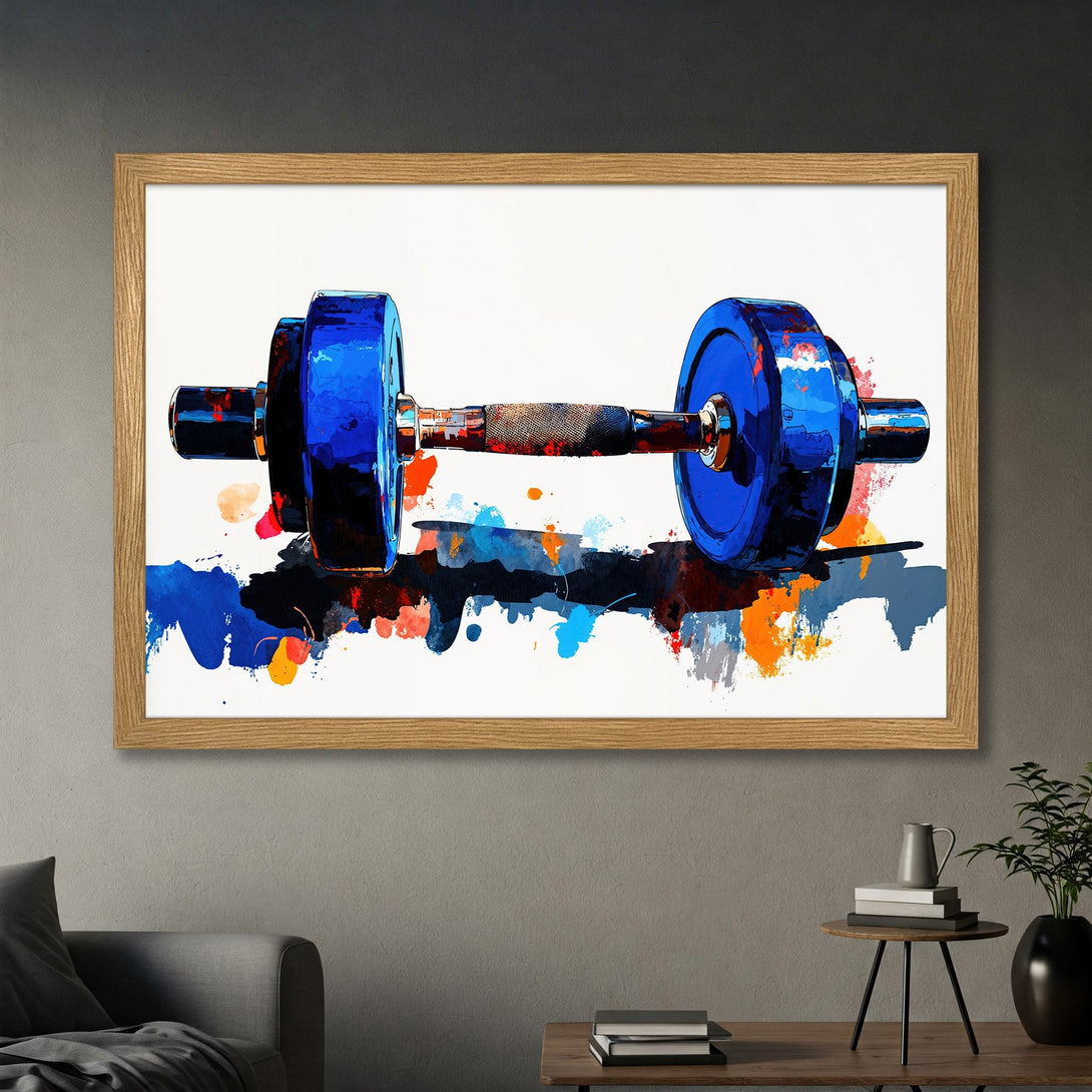 Framed Poster featuring a vibrant blue dumbbell, abstract watercolor style, with a pop of orange on a white background. Perfect for gym decor!