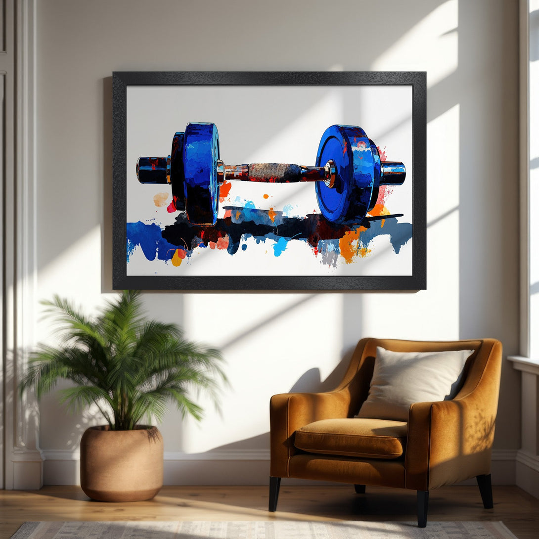 Framed Poster of a blue dumbbell, abstract art style with splashes of blue, orange, and black. Perfect for home gyms and fitness spaces.