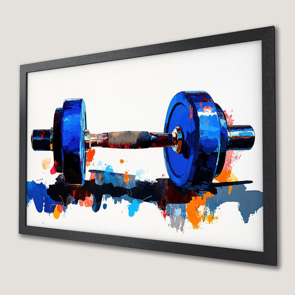 Framed Poster of a dumbbell in a watercolor style, featuring a blue, orange, and black color palette. Perfect for gym decor!