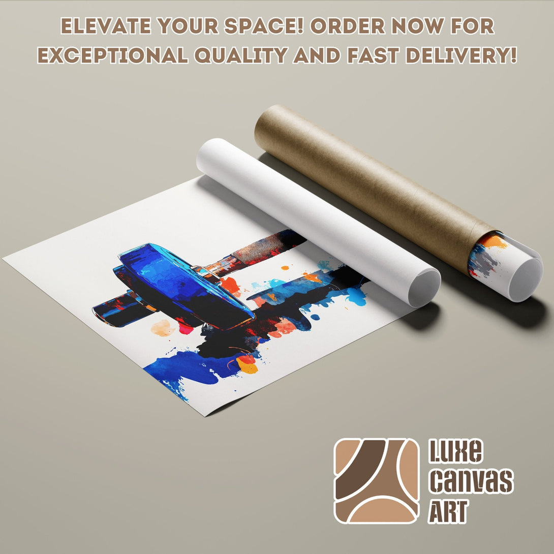 Abstract art Poster Roll with blue, orange, and black paint strokes. Modern style, ready to elevate your space.