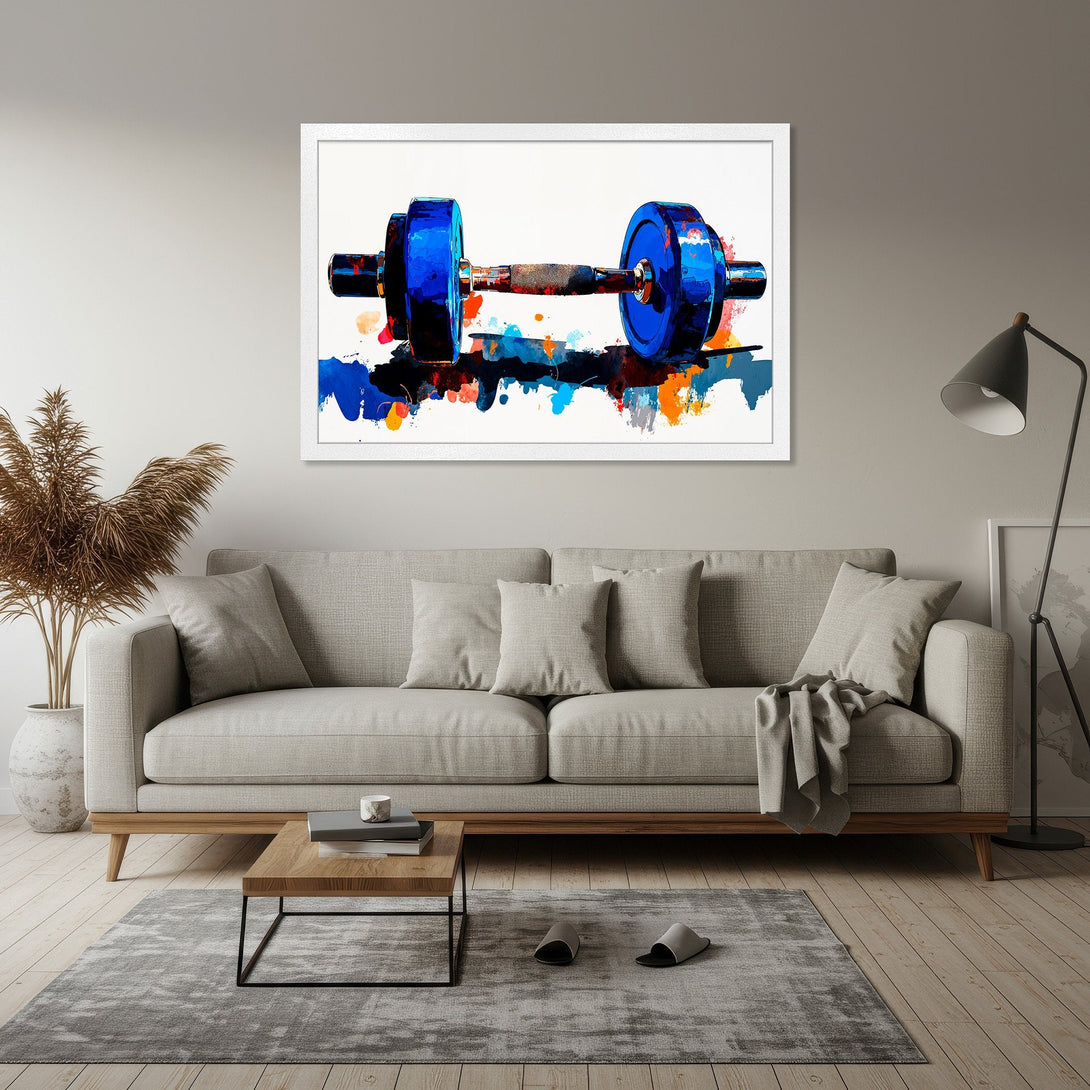 Framed Poster of a dumbbell in abstract style. Vibrant blue, orange, and black paint on a white background. Perfect gym decor.
