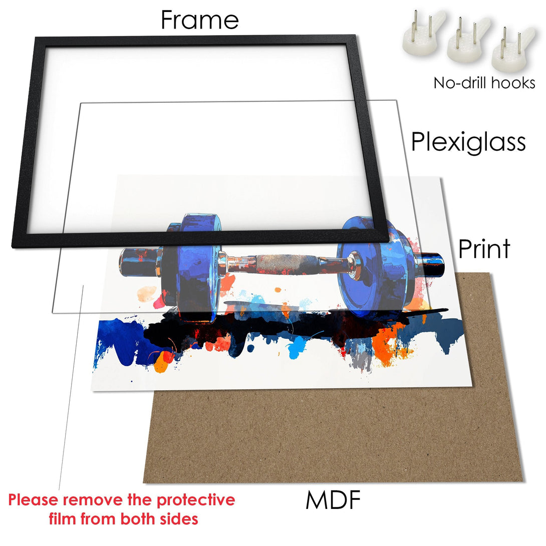 Framed Poster of a dumbbell in an abstract style with blue, orange, and black hues. Perfect for your home gym!