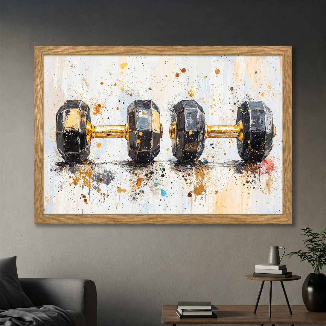 Framed Poster of dumbbells in an abstract style with a gold, black, and white color palette. Perfect for gym decor!