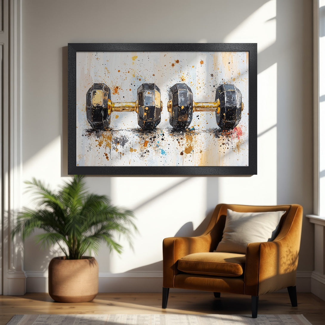 Framed Poster featuring abstract dumbbells art, with a neutral & gold color palette, perfect for home gym decor.