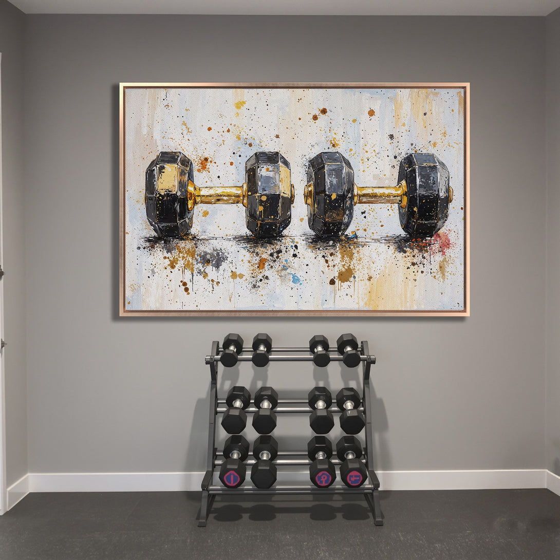 Framed Wall Art: Abstract dumbbell painting in black, gold, and grey. Modern gym decor with a splash of color. Elevate your space!