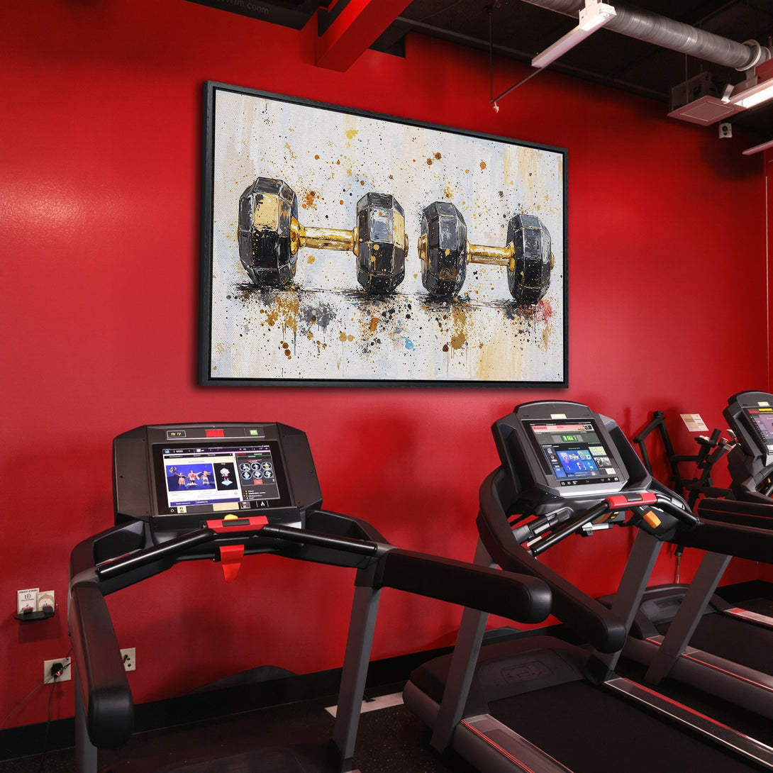 Framed Wall Art: Abstract dumbbell painting in a gym. Black, gold, and white color palette. Adds a motivational touch to any workout space.