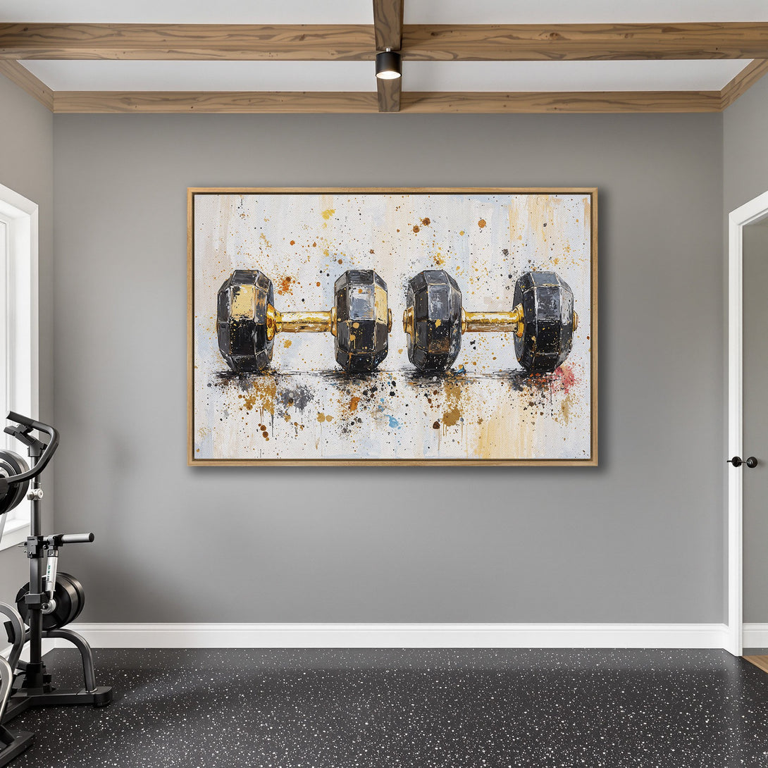 Framed Wall Art: Abstract dumbbell painting in a gym setting. Modern art with black, gold, and white color palette. Perfect for home gym decor.