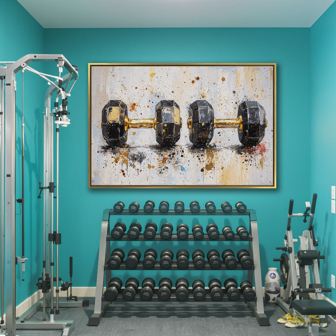 Canvas Print of dumbbells in a modern, abstract style with black, gold, and neutral tones. Perfect gym decor or fitness wall art.