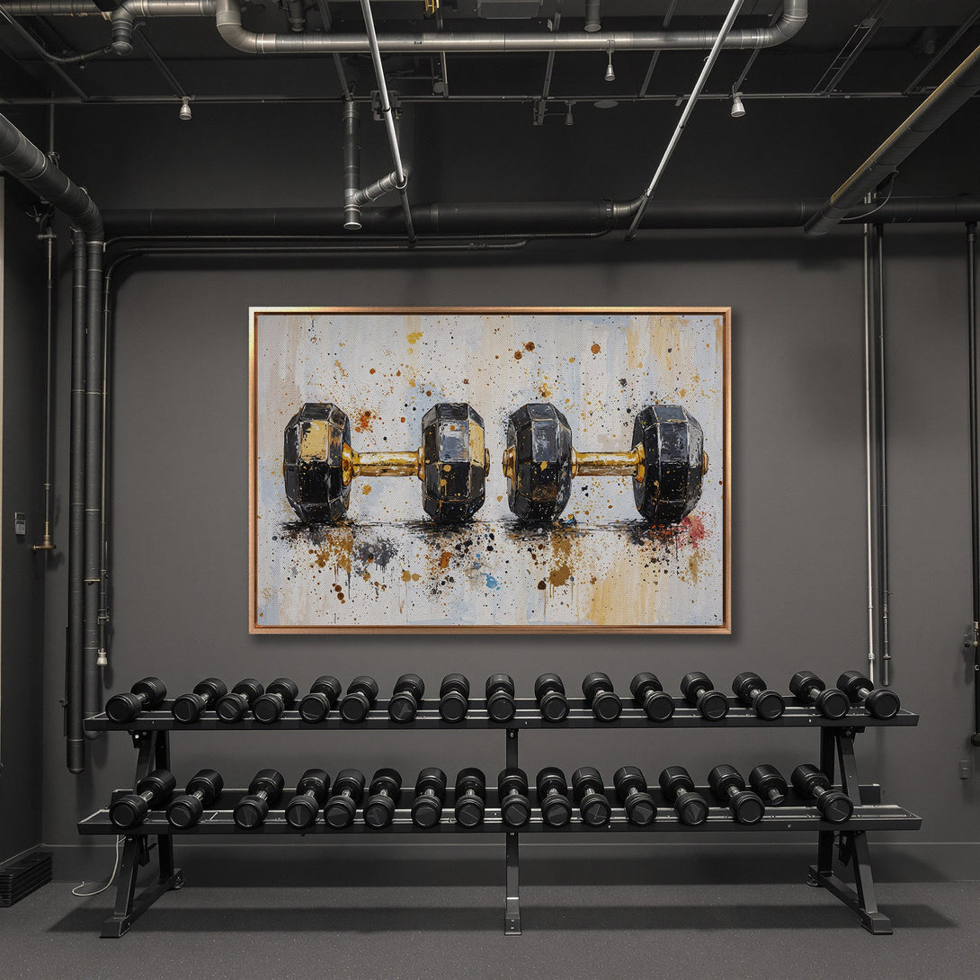 Framed Wall Art featuring a bold dumbbell painting in a modern gym. Abstract style with black, gold, and neutral color palette. Elevate your space!