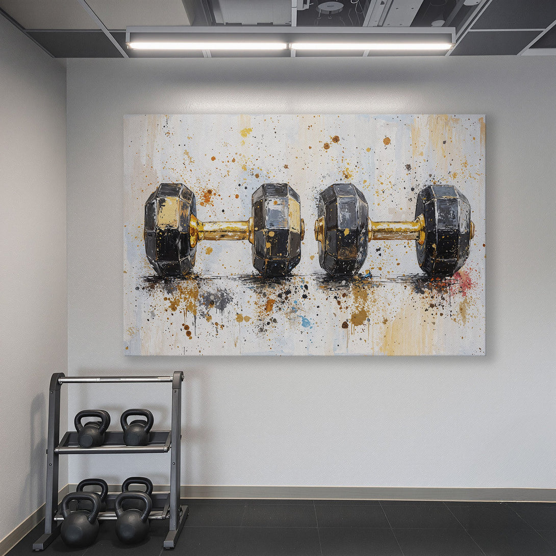 Framed Wall Art: Abstract dumbbell canvas print in a gym. Features a gold, black, and white color palette, perfect for home decor.