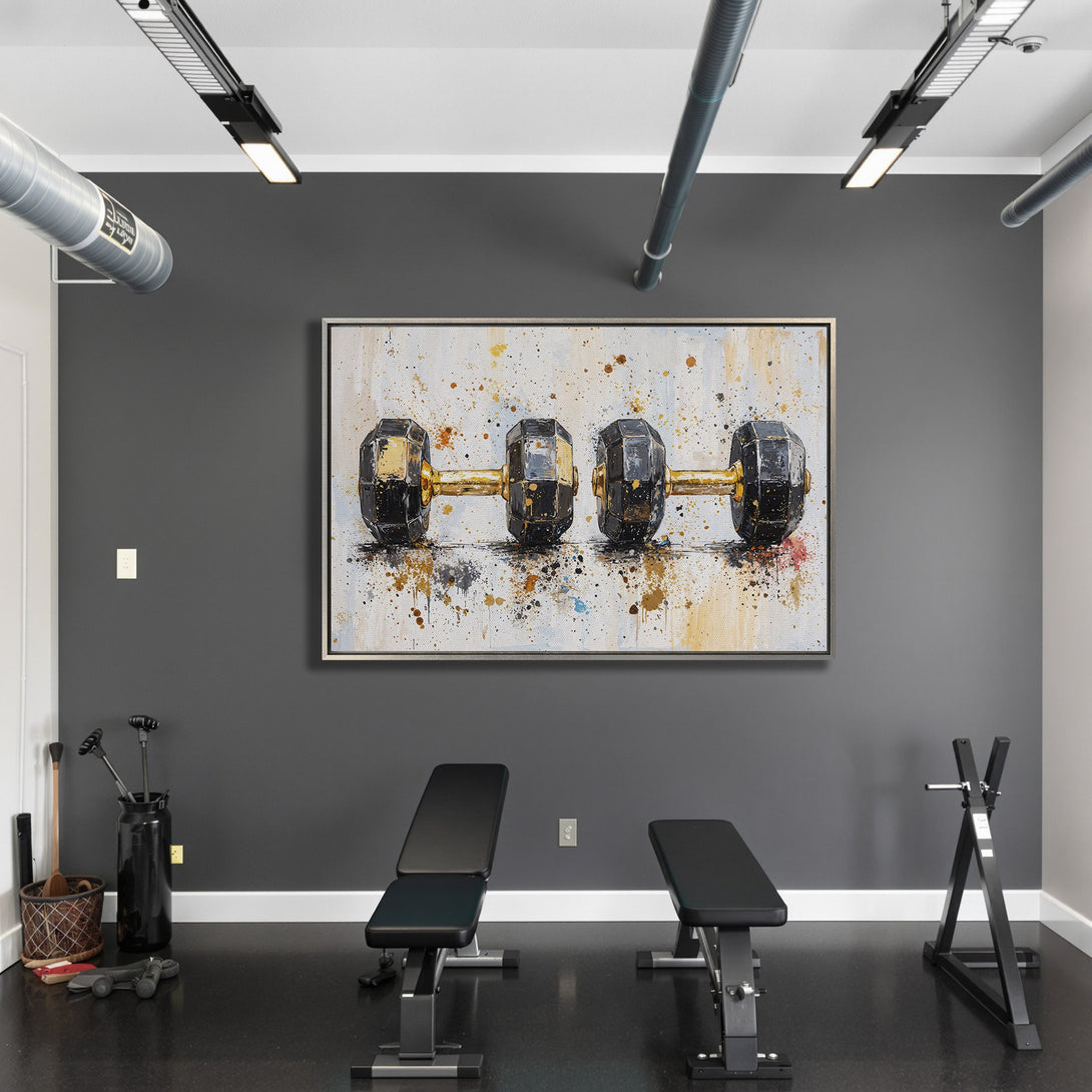 Framed Wall Art: Abstract dumbbell painting in a gym, featuring a modern style with black, gold, and neutral color palette. Elevate your space with art.