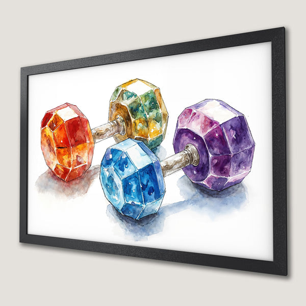 Framed Poster featuring watercolor dumbbells in vibrant jewel tones. Modern art for home decor.