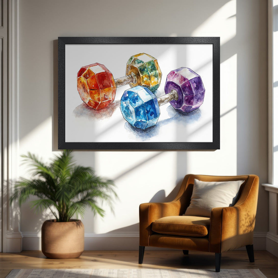 Framed Poster featuring watercolor dumbbells in vibrant jewel-toned colors. Perfect art for home gym or fitness decor!