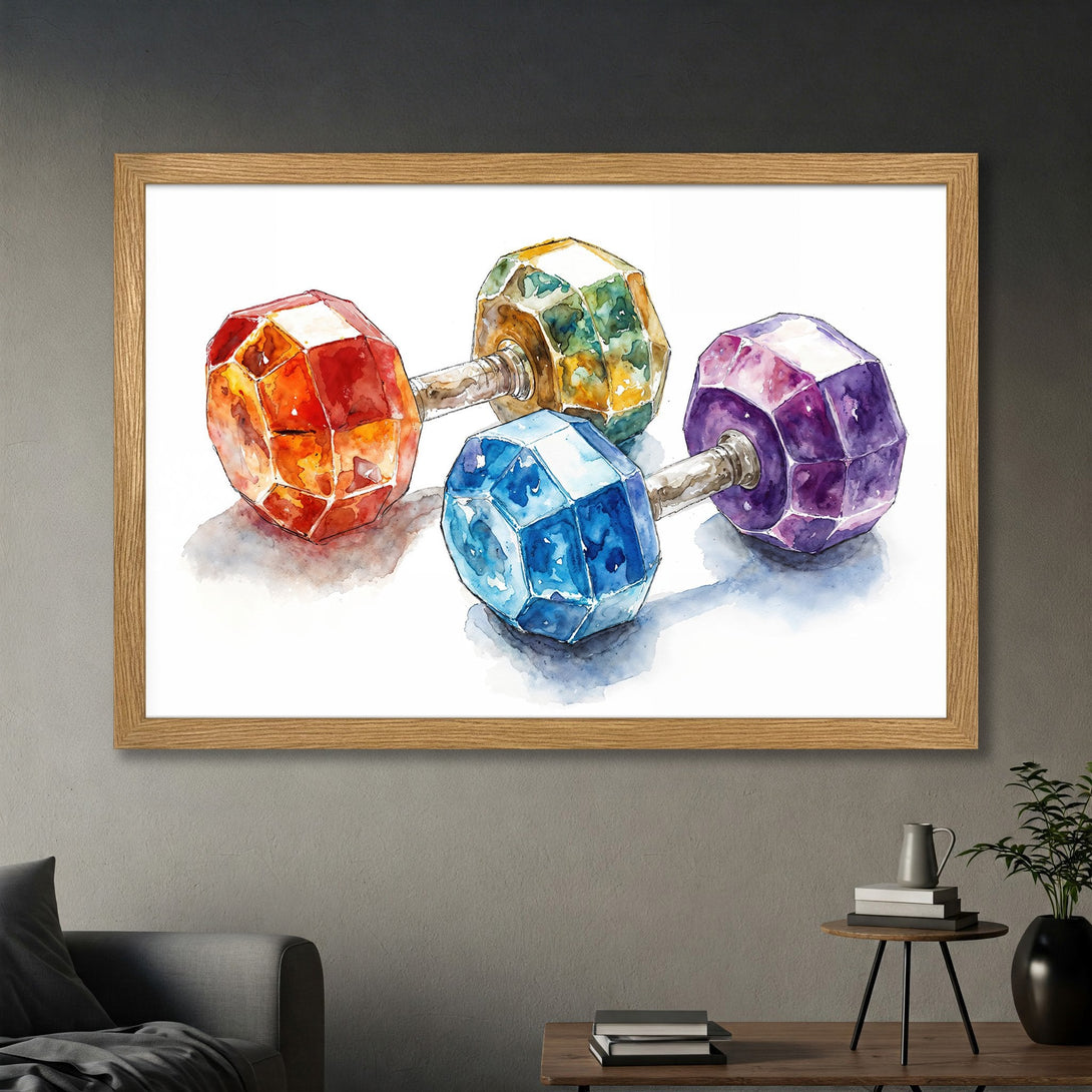 Framed Poster featuring watercolor dumbbells in vibrant colors. Stylish art print with a colorful, gem-like design. Perfect gym decor.
