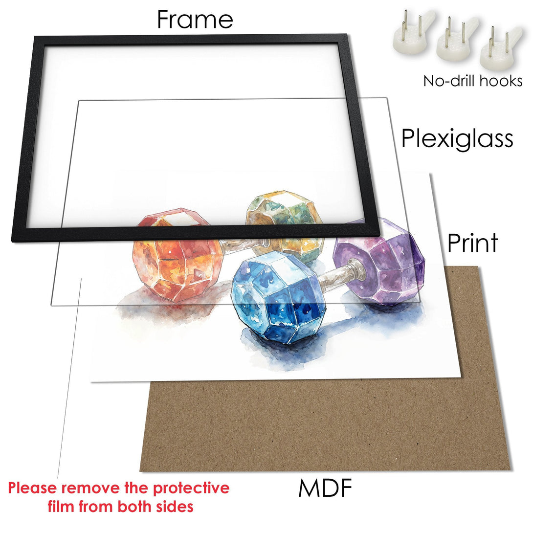 Framed Poster featuring watercolor dumbbells in vibrant colors. Perfect wall art for home gym decor.
