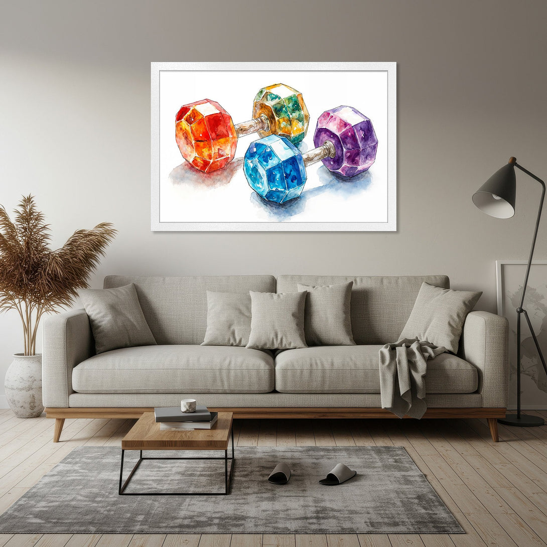 Framed Poster featuring watercolor dumbbells in vibrant colors. Adds a pop of art to your home decor.