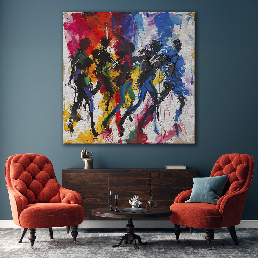 Framed Wall Art featuring abstract figures in vibrant colors. Modern, colorful canvas print adds a stylish touch to any interior.