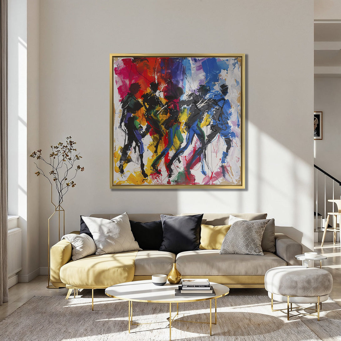 Abstract Canvas Print featuring running figures in vibrant colors. Modern wall art with a bold, colorful palette to elevate your space.