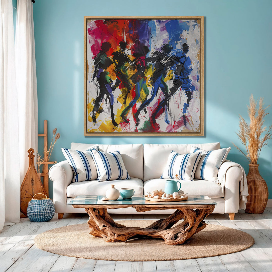 Framed Wall Art: Abstract figures in vibrant colors. Modern art canvas print with a colorful palette, perfect for living room decor.